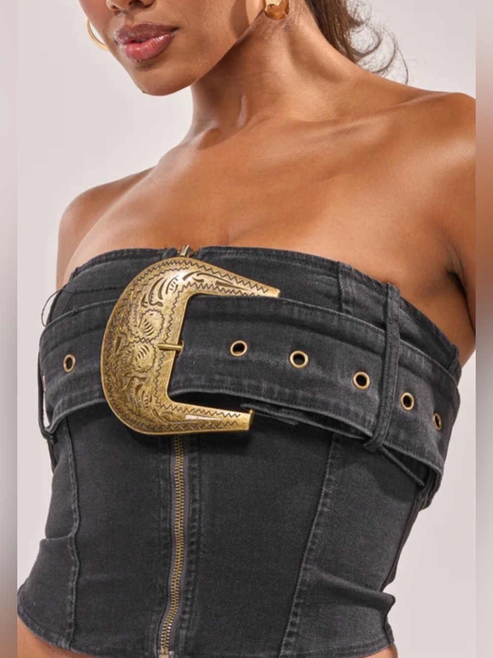 NWT AKIRA Black Strapless Denim Corset Belt top with Ornate Gold Buckle size L